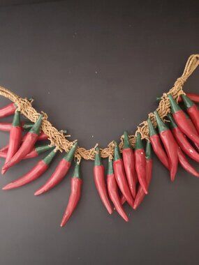 Wooden Chili Peppers Kitchen Hanging Decor Red w/ Green Stems on a Braided Rope
